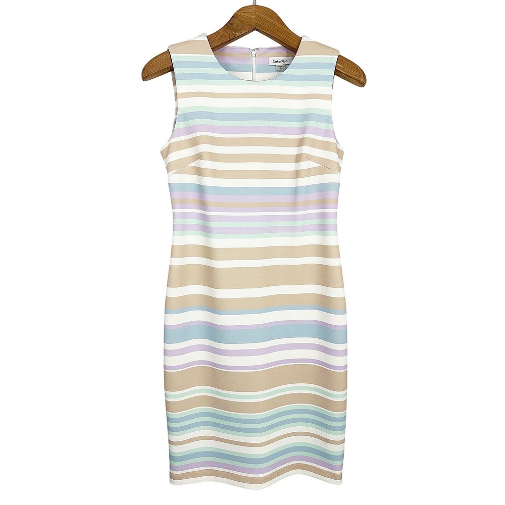 Calvin Klein Pastel Striped Sleeveless Scuba Sheath Dress Women's Size 8 Preppy